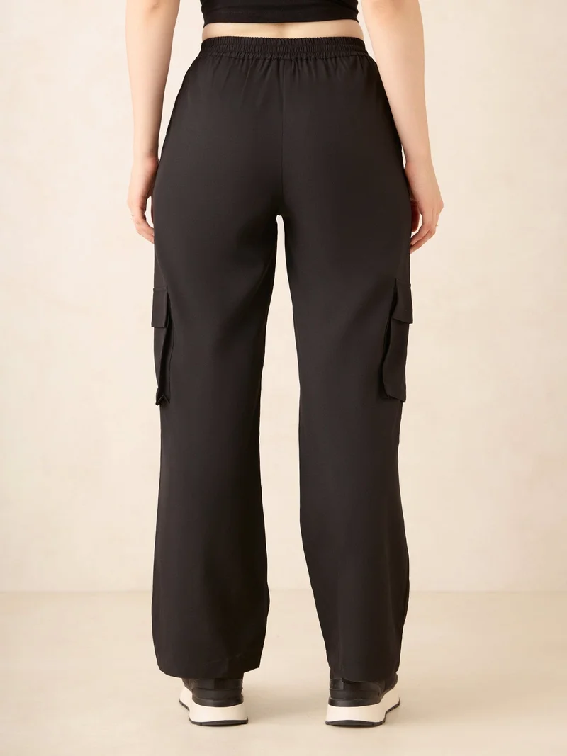 Outzidr  Black Wide Leg Parachute Pants for Women | Best Price UAE